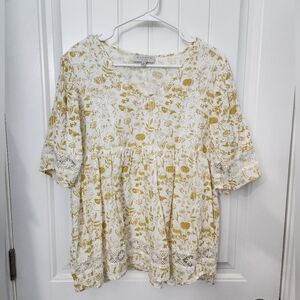 Hayden Cream Top with Mustard Floral Print, Size Large